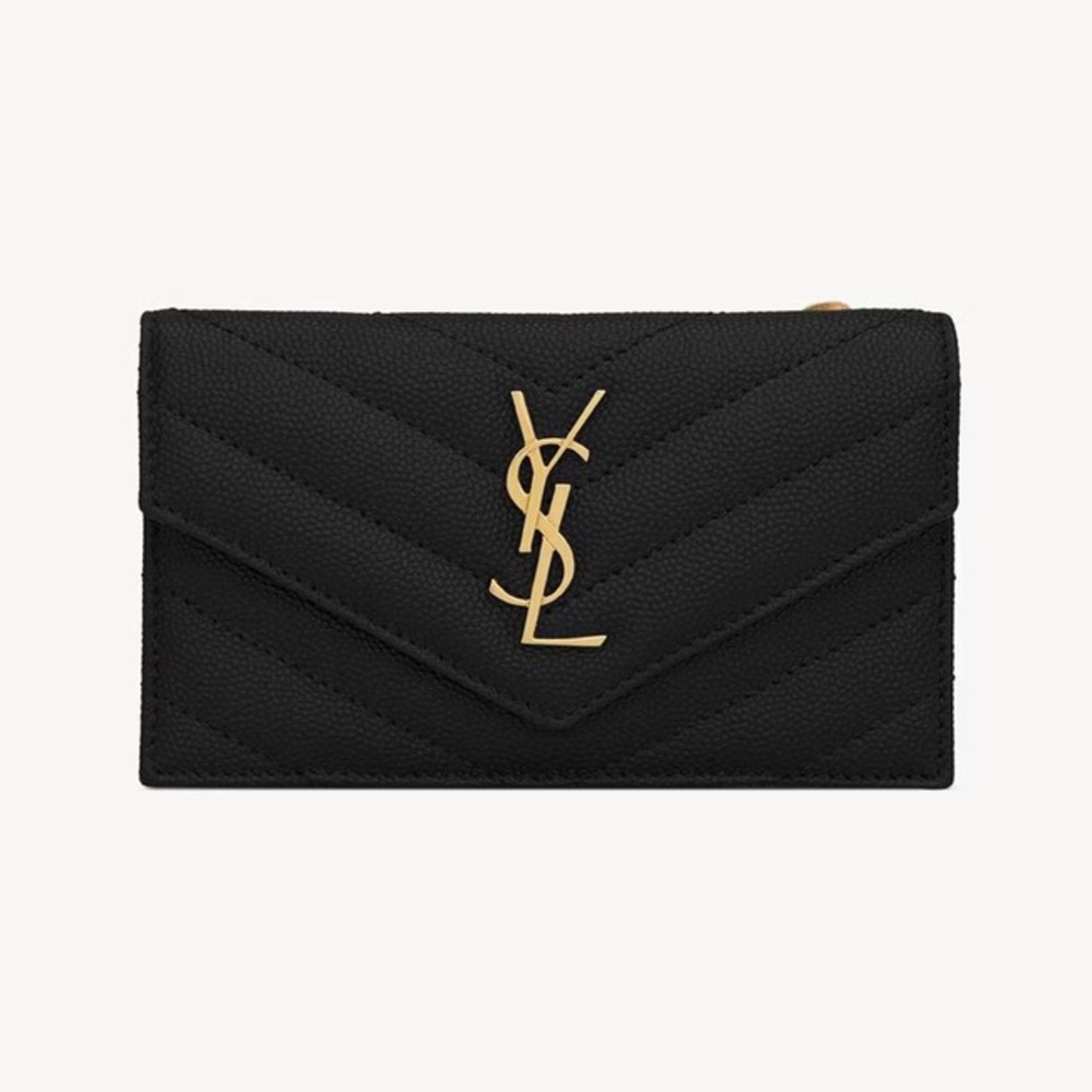 Saint Laurent Black Quilted Envelope Card Wallet with Gold YSL Emblem